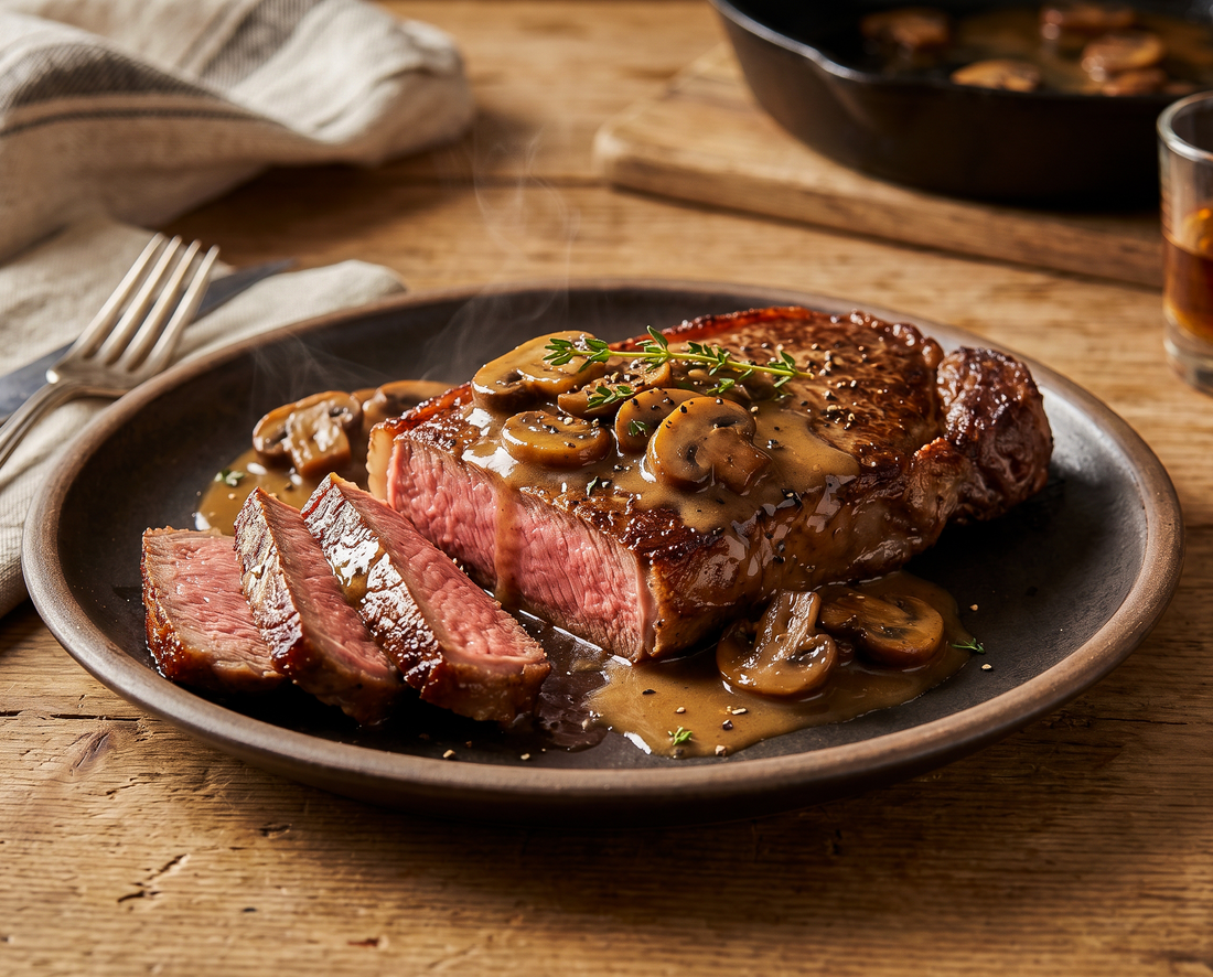 Taste of the Season: Reverse Seared Strip Steak with Bourbon Mushroom Pan Sauce