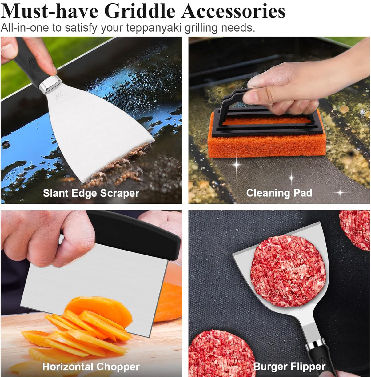 27pcs Griddle Accessories Kit for Blackstone, Professional Hibachi Flat Top Grill Tools, Enlarged Spatula Gift Set with Basting Cover，Burger Press Patty Maker for Outdoor BBQ Teppanyaki