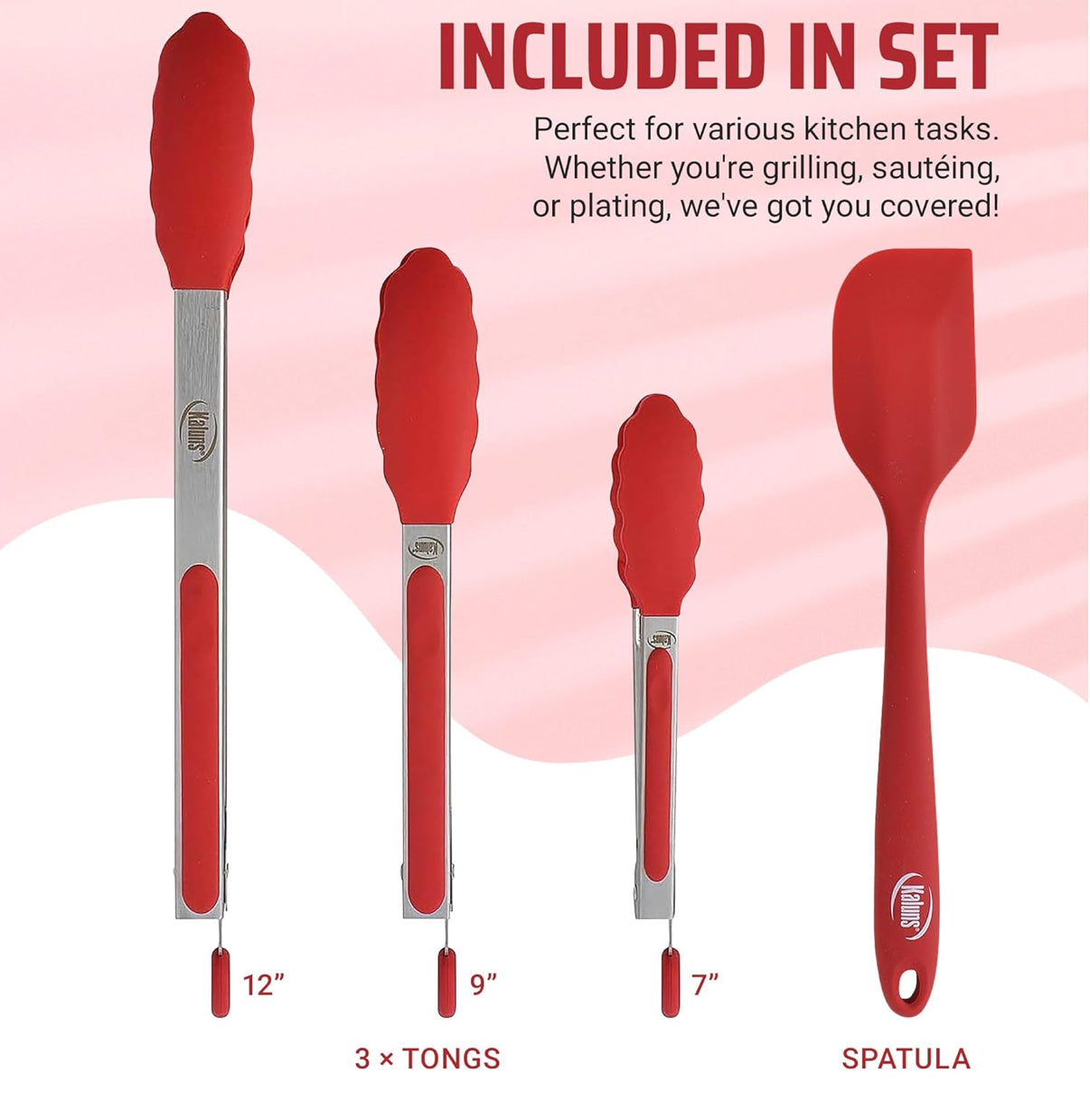 Kaluns Kitchen Tongs for Cooking Grilling Set of 4, BBQ Grill Tongs With Silicone Tip Stainless Steel Heat Resistant, Non-stick Pull Lock, Incl 7, 9, 12 Inch Tong Plus a Silicone Spatula