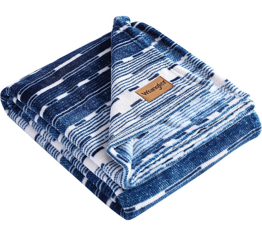 Wrangler - Throw Blanket, Soft Plush Fleece Bedding, Yellowstone Inspired, Western Decor for Bed or Couch (Logan Stripe Blue, 50" x 60")
