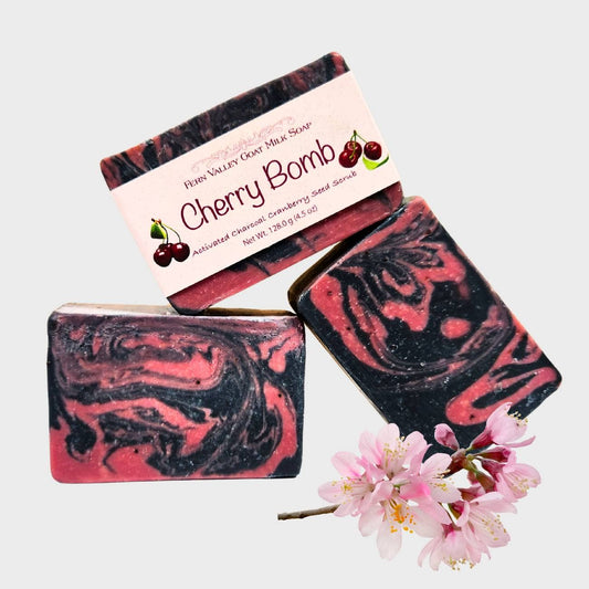 Handmade Natural Goat Milk Soap | Charcoal and Cranberry Seed Scrub | Cherry Bomb
